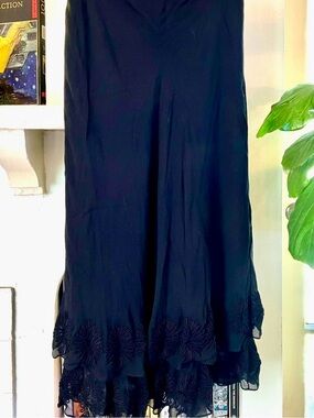 Carmen Marc Valvo Black Tiered Maxi Skirt with Embroidered Hem